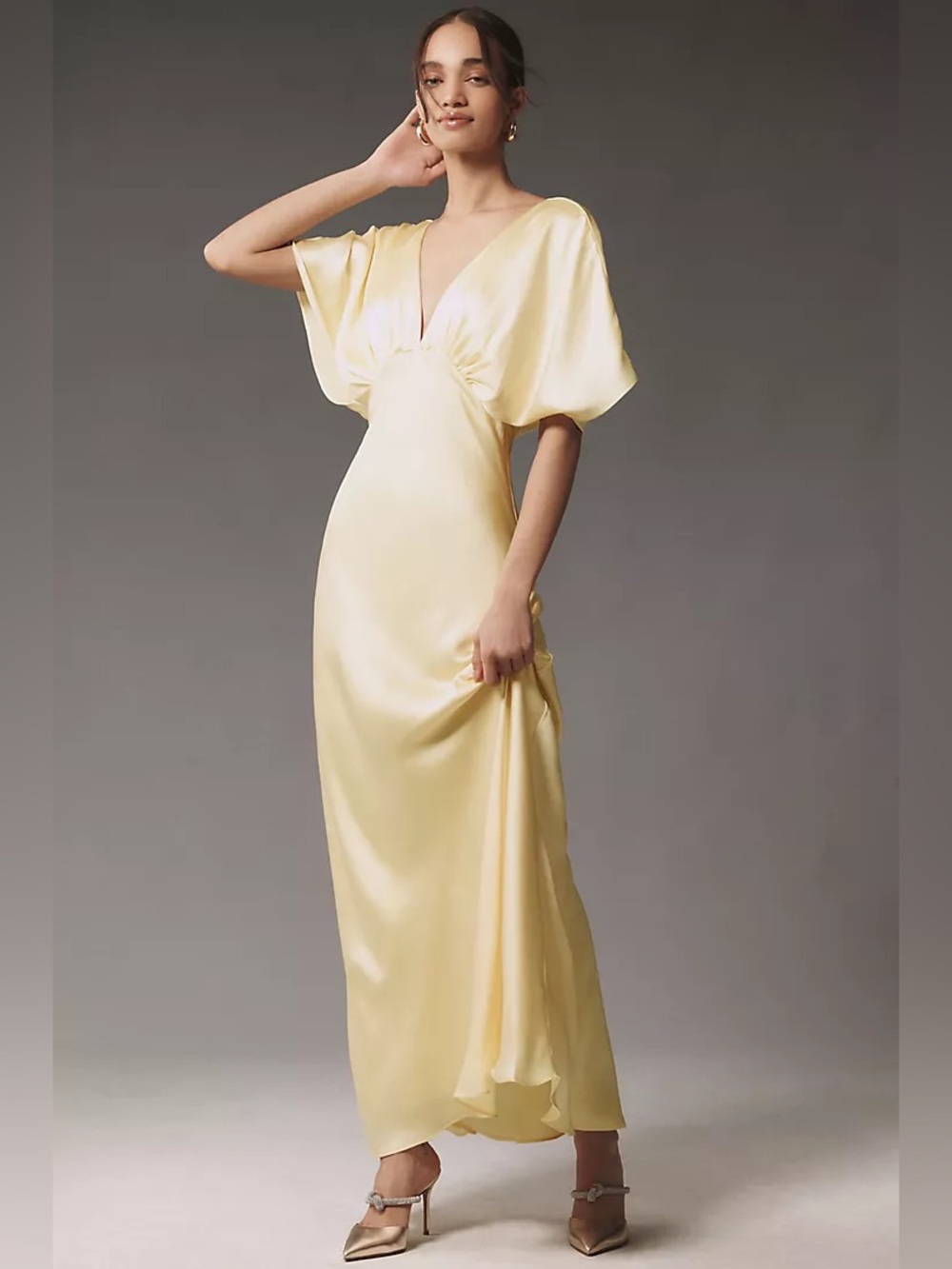 BHLDN Amelia Deep-V Flutter-Sleeve Satin A-Line Gown in Butter Yellow